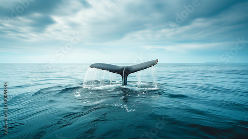 A whale's tail that appears above the water after it rises to the surface. photo