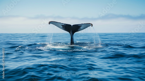 A whale's tail that appears above the water after it rises to the surface.