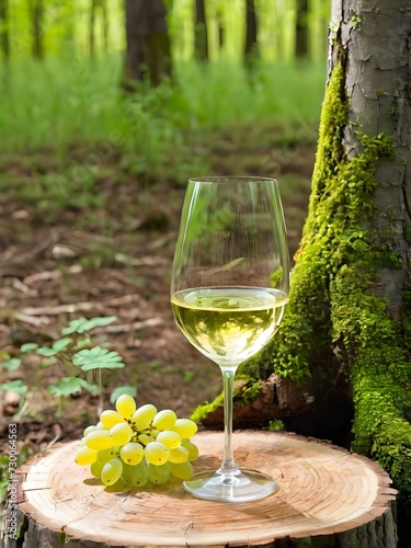 Ein Glas Weisswein im Wald auf einem Baumstamm