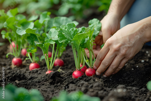 Female hands growing radishes in a garden bed photo