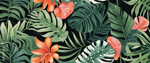 A cohesive and vibrant design depicting a tropical theme with palm leaves and monstera on a contrasting dark backdrop photo