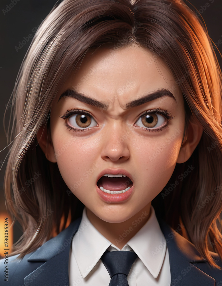 young girl in a business suit with a very angry expression