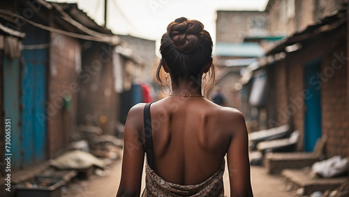 back view a woman with a background in a slum environment photo