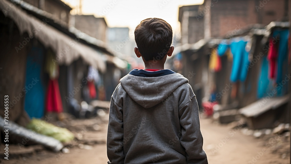 back view a boy with a background in a slum environment
