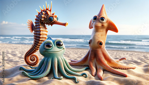 Whimsical Marine Animals on a Sunny Beach. Cute 3d animals looking straight at the camera with smiling expressions. Realistic safari, zoo wildlife background. Nature image. AI generative.