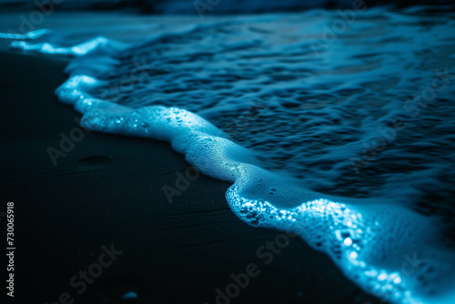 The sea at night waves crash onto the beach and there is a type of plankton that causes bioluminescence in the foam.