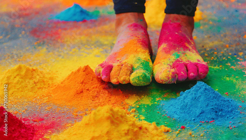 Holi Festival. Hands andfoods of people covered in colours, celebrating the coming of spring, the end of winter and love.