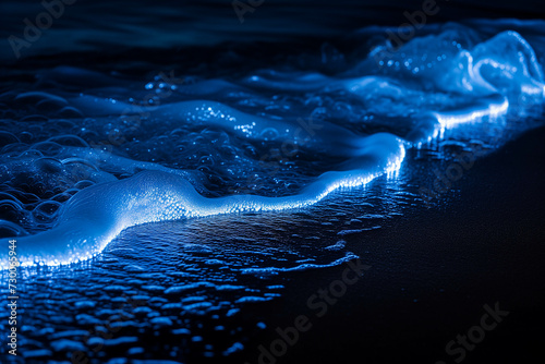 The sea at night waves crash onto the beach and there is a type of plankton that causes bioluminescence in the foam.