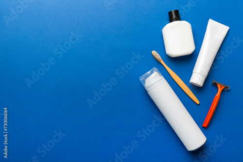 Composition with bath cosmetics on table. razor, toothpaste, soap, gel, toothbrush, mouthwash and other various accessories. Cosmetics for skin health. Bath Mockup for your logo