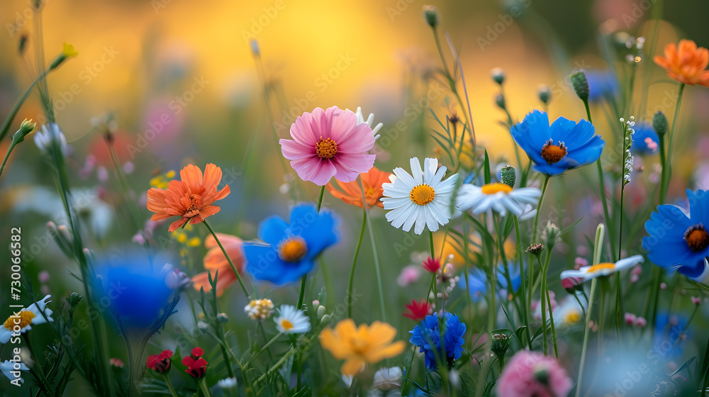 A blooming field of wildflowers, with a kaleidoscope of colors as the background, during a breezy spring day