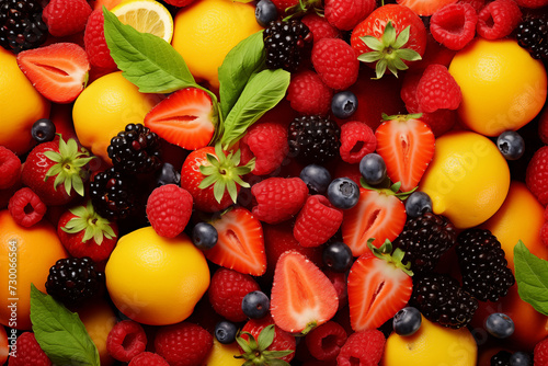 Top View of Colorful Fresh Fruits and Berries. Top view of mixed fresh berries and lemons, ideal for healthy lifestyle themes.