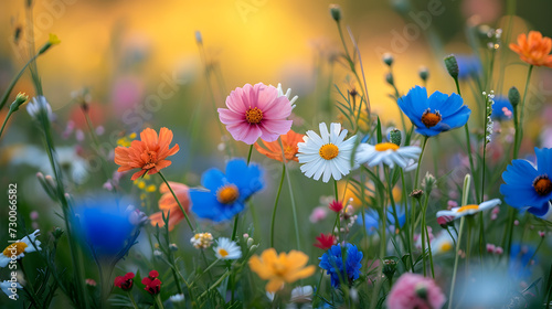 A blooming field of wildflowers  with a kaleidoscope of colors as the background  during a breezy spring day
