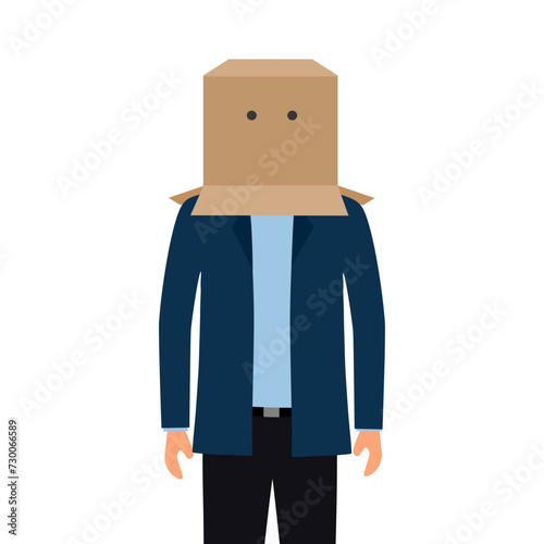 Business failure, work mistake, shame, bankruptcy or failed businessman concept.  Depressed businessman covering his head with box in embarrassment to people.