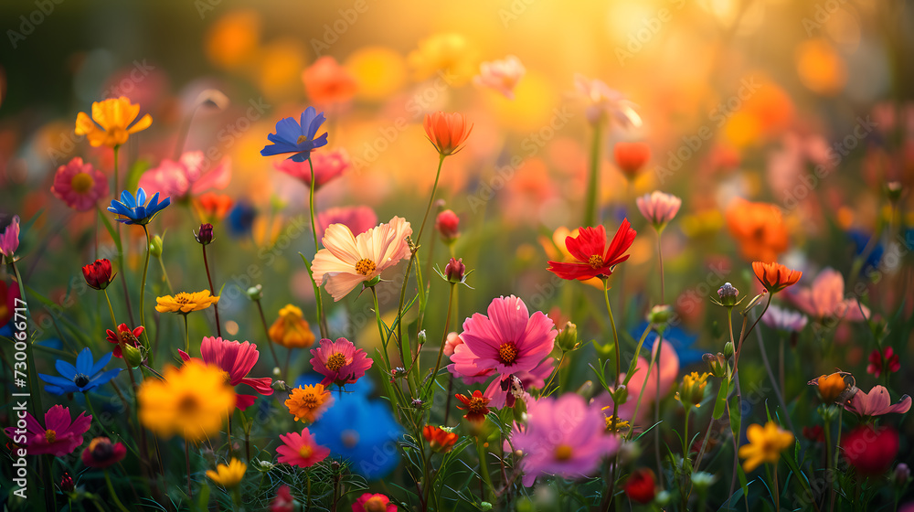 A blooming field of wildflowers, with a kaleidoscope of colors as the background, during a breezy spring day