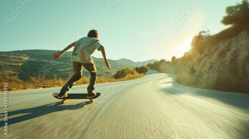 Young man longboarding outdoors on countryside road. Male skateboarding on a sunny day photo