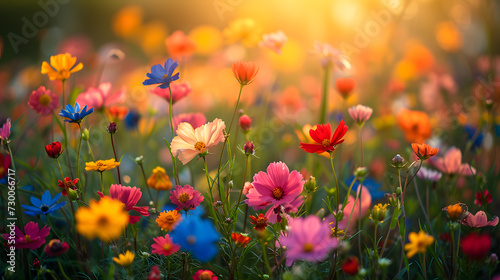 A blooming field of wildflowers, with a kaleidoscope of colors as the background, during a breezy spring day © CanvasPixelDreams