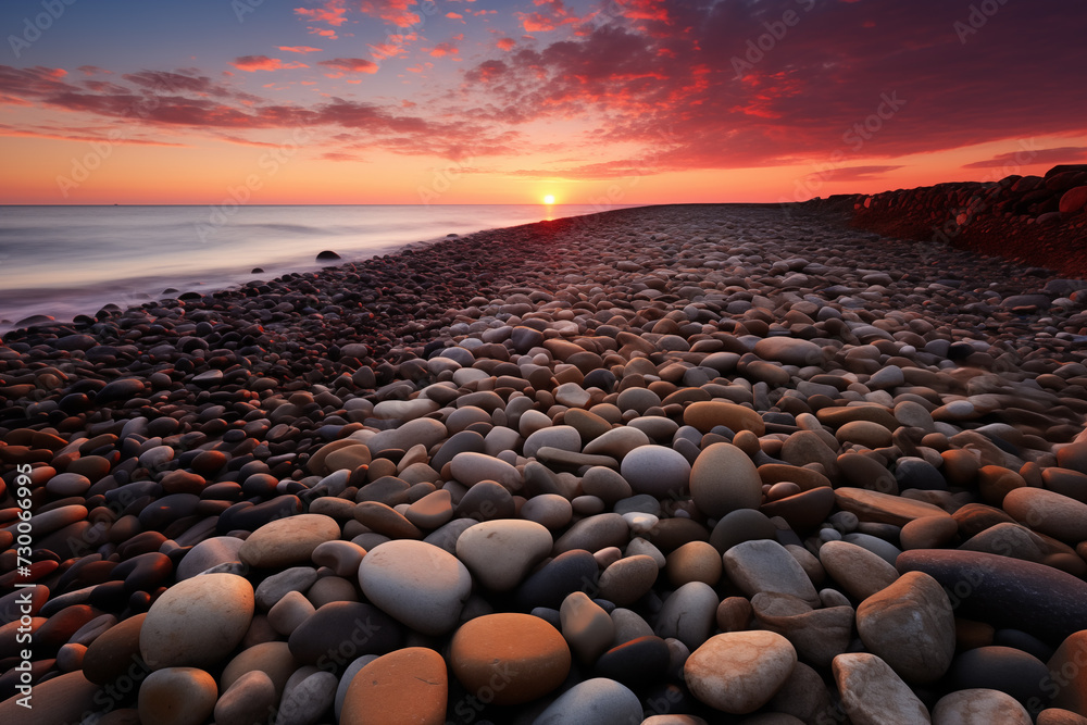 Obraz premium Warm Sunset Over Pebble Beach. Warm sunset at a serene pebble beach, ideal for travel and nature themes.