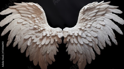 Elaborate white angel wings, adorned with intricate patterns and delicate feathers, elegantly showcased on a solid black surface, symbolizing divine purity and transcendence