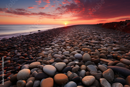 Warm Sunset Over Pebble Beach. Warm sunset at a serene pebble beach, ideal for travel and nature themes.