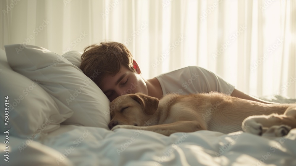A young man and his dog peacefully sleeping together on a pristine white bed at home A young man and his dog peacefully sleeping together on a pristine white bed at home