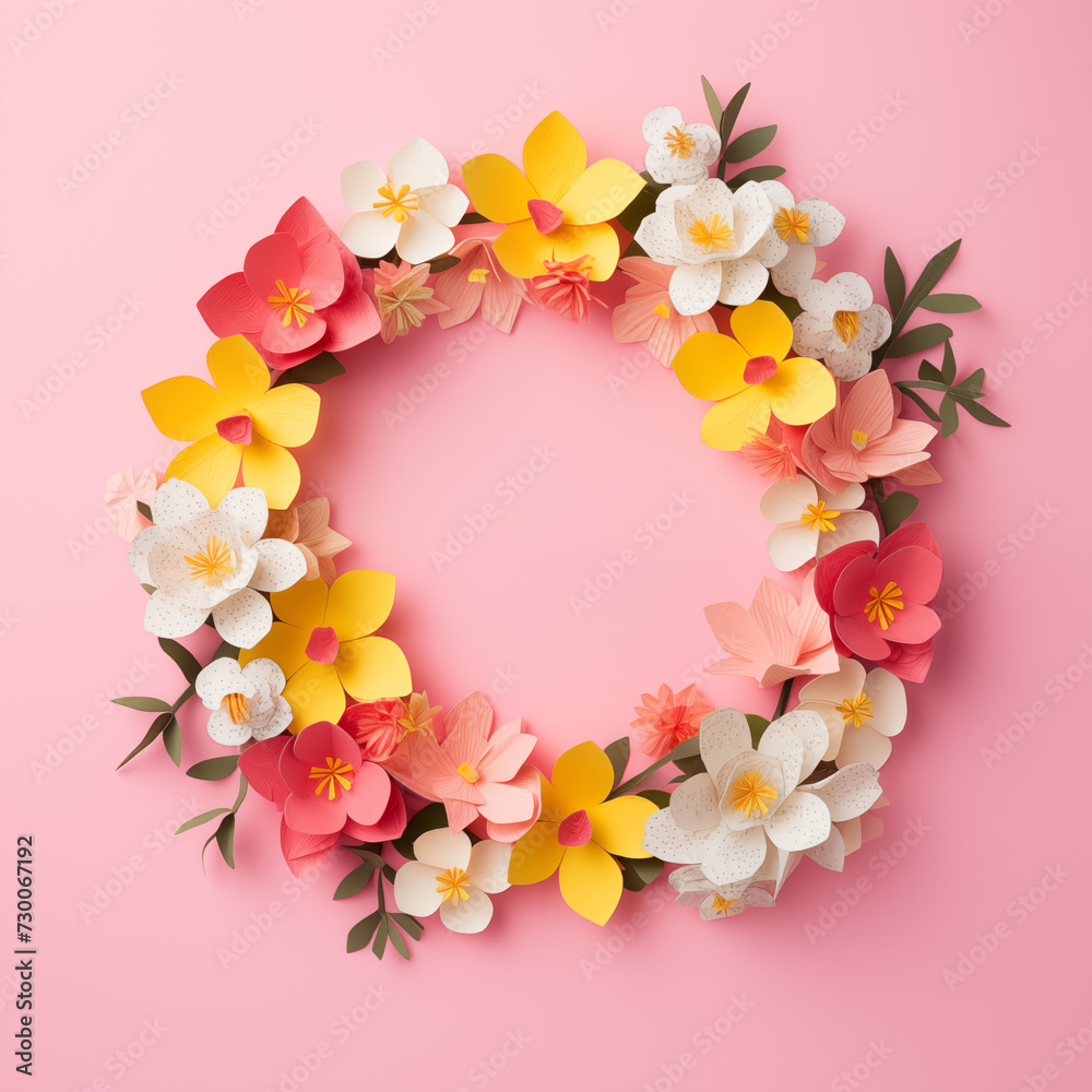 Top View Handmade Paper Flower Border. Top view of a handmade paper flower wreath on pink for spring celebrations.