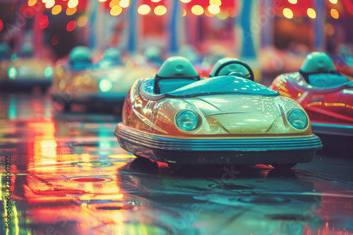 A snapshot of bumper cars, with retro vintage stylized, conveying emotion of cinematography... photo