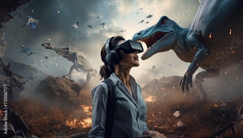 Explore the awe-inspiring world of dinosaurs through virtual reality, where the wearer's headset transports them into a realm where these ancient creatures come to life. photo