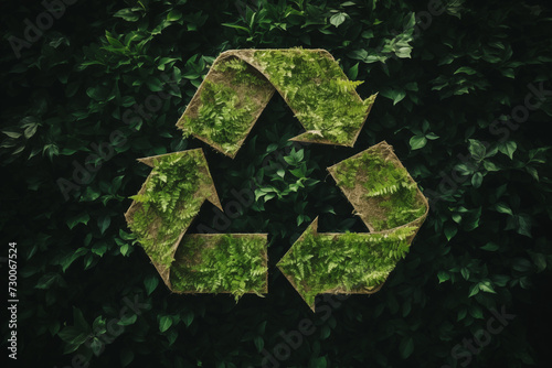 Green Recycling Symbol Among Leaves. Overhead view of a green recycling symbol amongst lush leaves.