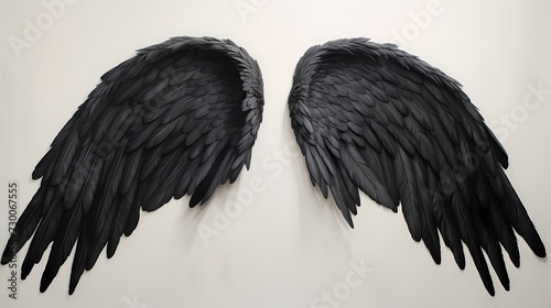 Ethereal black angel wings, glistening with a subtle sheen, elegantly displayed against a solid white canvas