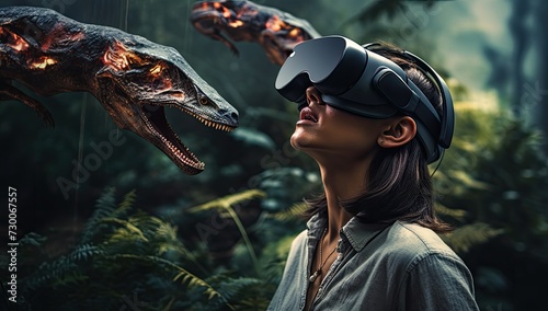 Explore the awe-inspiring world of dinosaurs through virtual reality, where the wearer's headset transports them into a realm where these ancient creatures come to life. © Murda