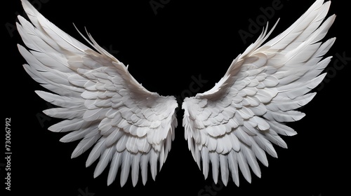Ethereal white angel wings, delicately suspended and gently arching on a solid black background, evoking a sense of celestial peace and enlightenment