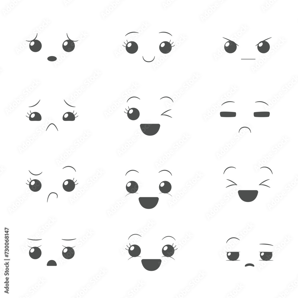 set of 12 Kawaii Eyes Expressions, Kawaii faces, Cute faces, eyes and ...