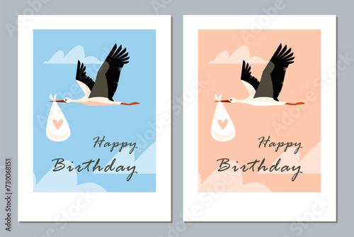 Birthday greeting cards featuring stork carrying baby in flat vector illustration