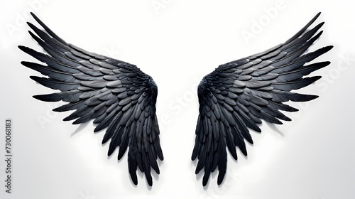 Feathered black angel wings, gracefully arched and perfectly aligned, contrasting against a pure white surface, symbolizing celestial purity