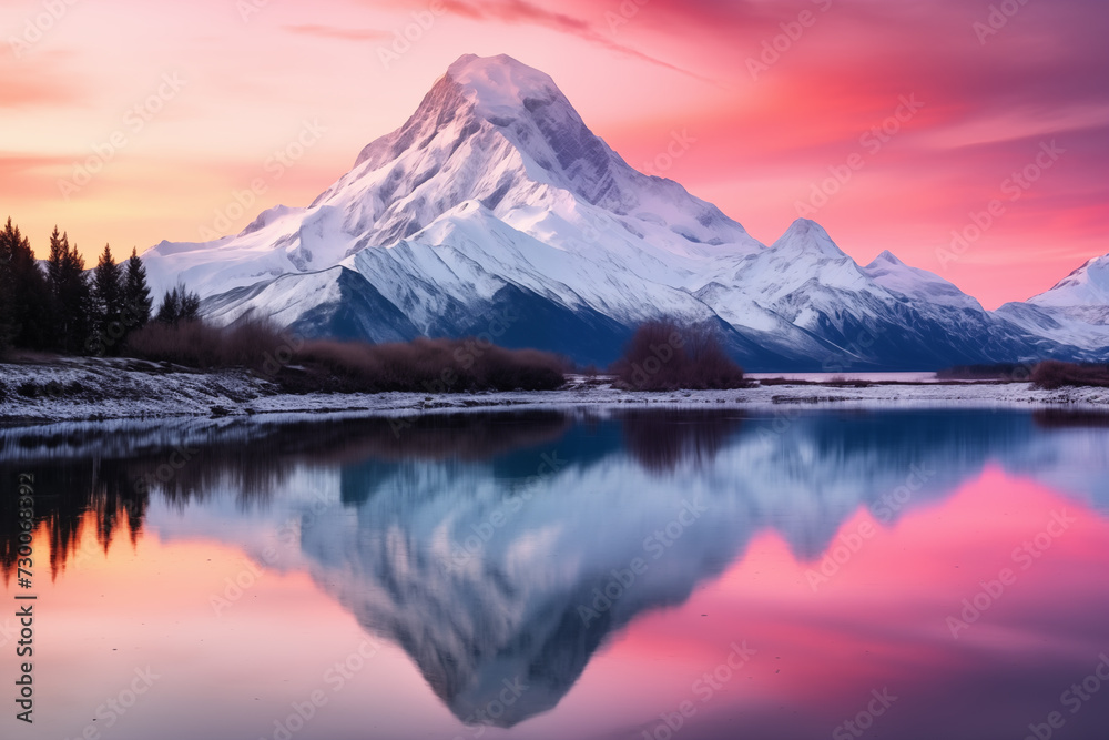 Twilight Mountain Reflection in Tranquil Water. Snow-capped mountain with sunset reflection in water, ideal for travel and nature themes.