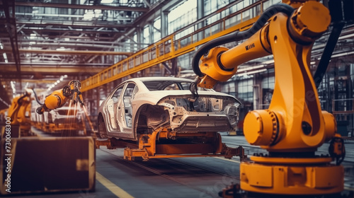 A robot arm is assembling a car or electric vehicle in a factory.