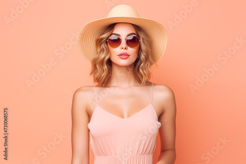 Stylish young woman in summer attire posing with elegance. Pastel Pink Summer Fashion Elegance