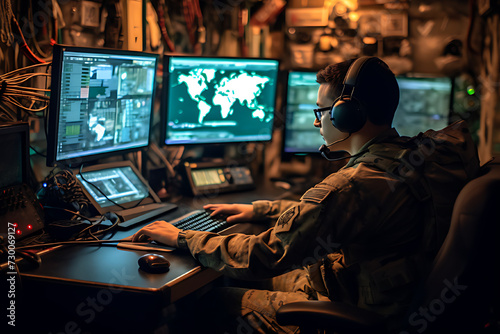 Angle view soldier in command center ,a war room place that is used to provide centralized command for some purpose.