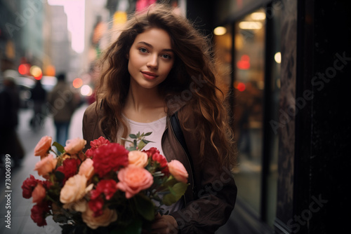 Young woman smiling, holding a bouquet of roses on a city street.