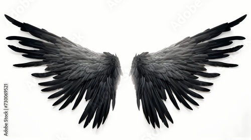 Feathered black angel wings, gracefully fanned out and perfectly aligned, contrasting against a pure white canvas, exuding celestial purity
