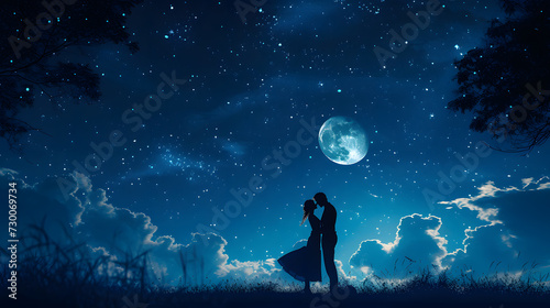 A couple dancing under the stars, with romantic ambiance as the background, during a moonlit night