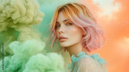 Portrait of a woman with colorful hair on a cloud background.