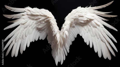 Feathered white angel wings, gently fanned out and perfectly aligned, contrasting against a deep black canvas, symbolizing heavenly purity and grace © ALLAH KING OF WORLD