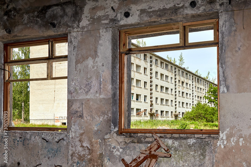 abandoned old soviet union city Irbene, ruined houses photo