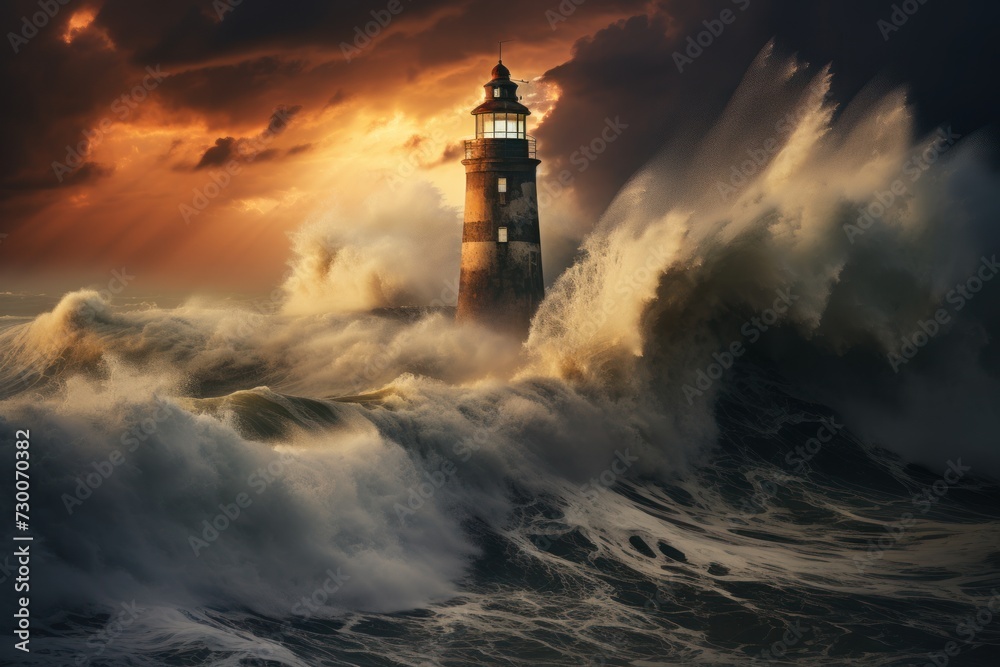 Lighthouse on stormy sea at sunset. The concept of safety and navigation in sea travel, a guide for sailors
