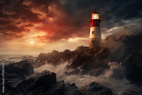 Lighthouse on the rocky coast at sunset. The concept of safety and navigation in sea travel, a guide for sailors