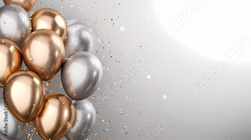 3d render realistic glossy metallic golden and silver balloon party with empty space for birthday, party, promotion social media banners or posters.