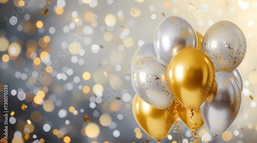 3d render realistic glossy metallic golden and silver balloon party with empty space for birthday, party, promotion social media banners or posters.