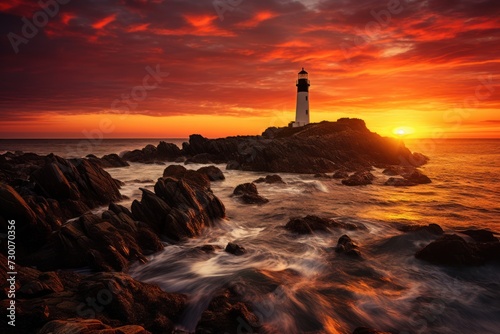 Lighthouse on the rocky coast at sunset. The concept of safety and navigation in sea travel, a guide for sailors