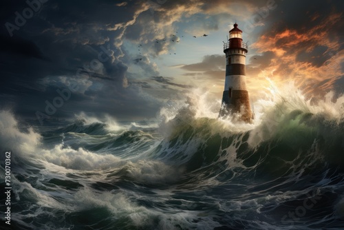 Fototapeta Lighthouse on stormy sea at sunset